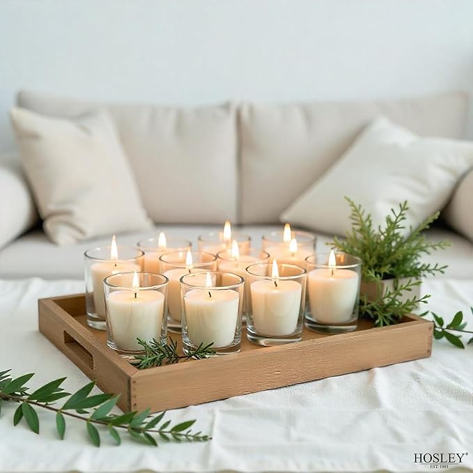 Hosley Set of 12 White Unscented Clear Glass Wax Votive Filled Candles. Hand Poured Vegetable Soy Wax Blend Up to 15 Hour Burn Time. Ideal Gift or Use for Weddings Aromatherapy Party Favor O3
