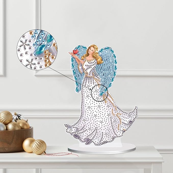 antor Diamond Painting Desktop Ornament Kit, Acrylic Tabletop Diamond Art Tabletop Decoration with Wings Angel Figurine for Adults, Special Shape Crystal DIY Crafts Gift