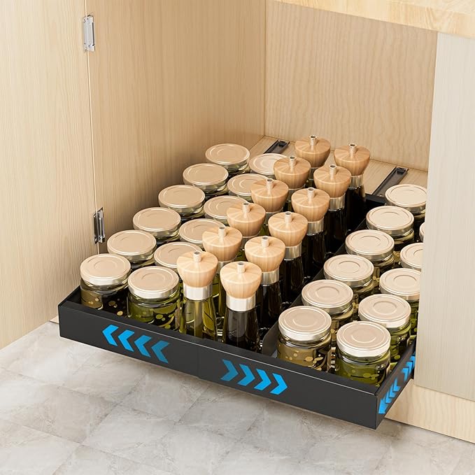 Insputer Pull Out Cabinet Organizer Expandable Width(12.2"-20.47") & 21" Deep, No Drill Adhesive Slide Out Drawers with Upgrade 3 Slide Rails, Magnetic Panel, Roll Out Shelf for Kitchen, Pantry Black