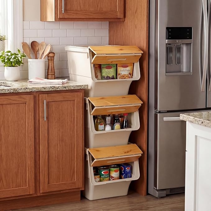 Giantex Plastic Stackable Storage Bins with Lids & Wheels, 3 Pack Open Front Stacking Bins, Organizer Bins for Pantry, Kitchen, Laundry, Closet, Playroom, Bedroom Organization (35 QT)