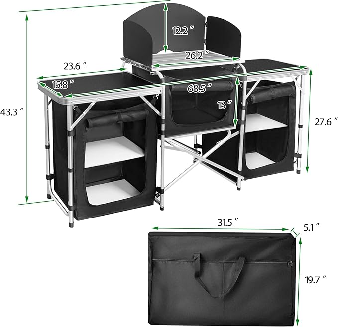 CampLand Folding Camping Kitchen Table with Windscreen,Portable Outdoor Cooking Station with Storage Cabinet & Side Tables Heavy Duty Camp Cook Station for Camping & BBQ (Black3cabinet)