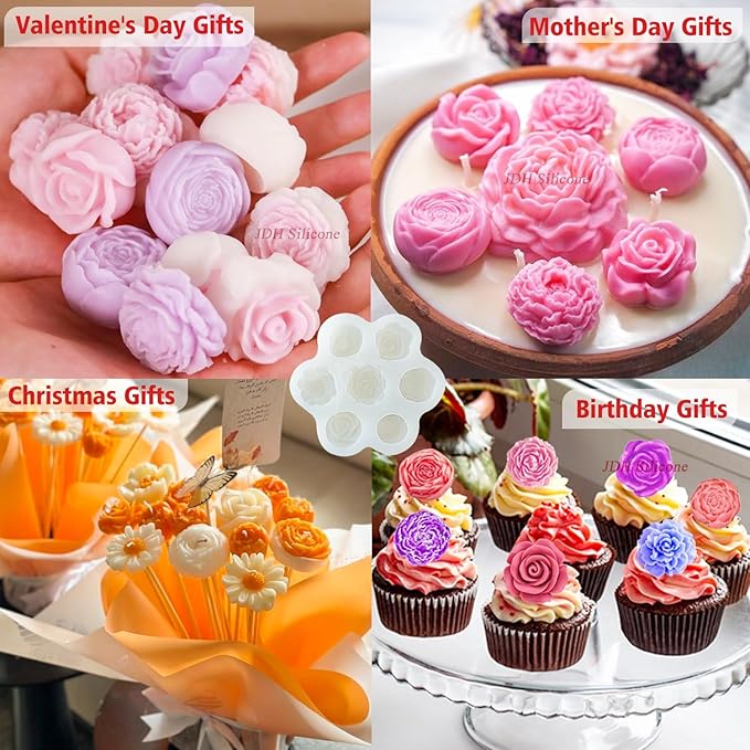 7 Sets Flower Candle molds,3D Valentin e's Day Mold for Candle Making for Candle Soap Making,Handmade Cake Dessert Decoration Chocolate Cupcake Candy Ice Mold,Resin Concrete Art Crafts Accessories