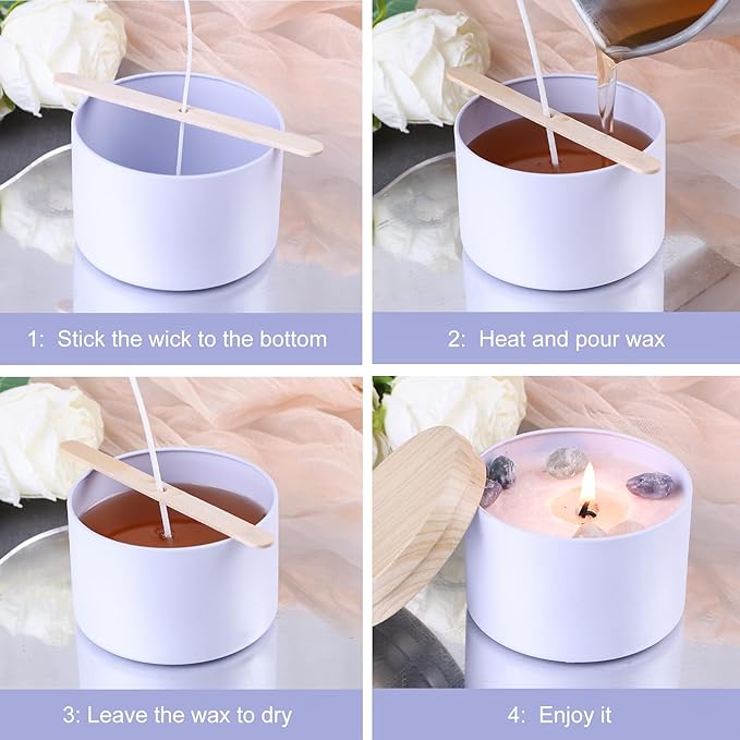 CONNOO 24-Pack Candle Tins - 12x 8oz & 12x 4oz Matte White Containers with Wick Kit and Wood Lids, for Candle Making, Storage, and Gifting