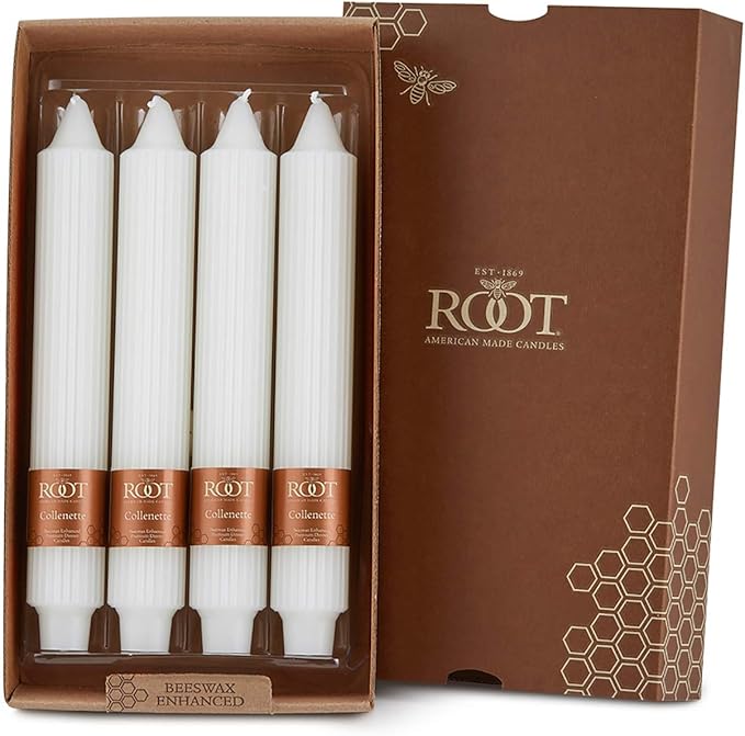 Root Candles 4-Count Unscented Dinner Candles Dripless Beeswax Enhanced Grecian Collenette Boxed Candle Set, 9-Inch, White