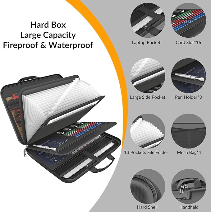 onvvippiv Hard Case Fireproof Document Box, Important File Organizer with Lock Waterproof Zipper, Portable Home Office Travel Storage Accordion Folder for Letter A4 Laptop Files