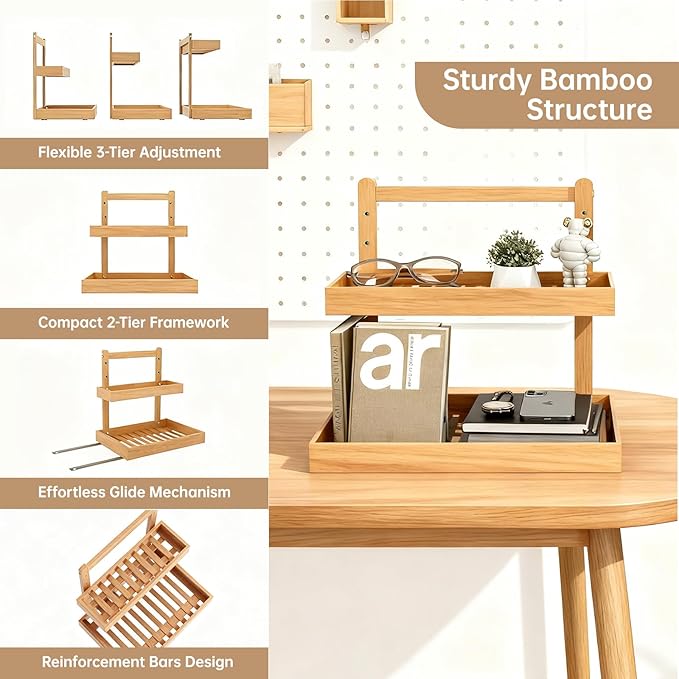 2-Tier Under Sink Pull Out Organizer, Bamboo Cabinet Storage Shelf with Adjustable Height, Slide Out for Kitchen Bathroom Pantry Cabinet