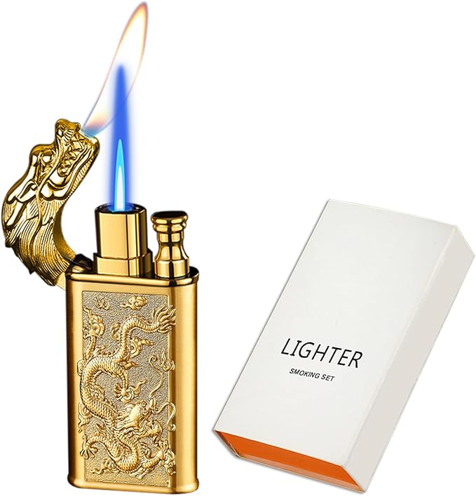 Torch Lighter, Cool Relief Dragon Dual Flame - Windproof Adjustable Jet Flame and Soft Flame, Refillable Butane Lighter for Gift, Candle, BBQ, Kitchen, Camping (Without Butane)-Gold