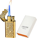 Torch Lighter, Cool Relief Dragon Dual Flame - Windproof Adjustable Jet Flame and Soft Flame, Refillable Butane Lighter for Gift, Candle, BBQ, Kitchen, Camping (Without Butane)-Gold
