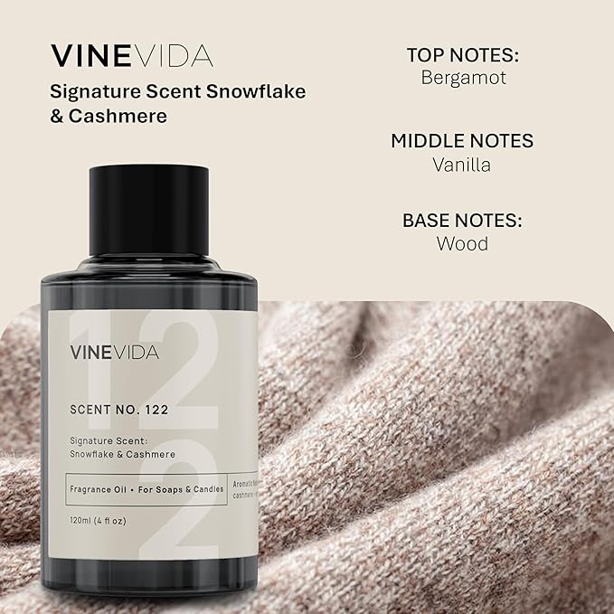 VINEVIDA Scent NO. 122 Fragrance Oil - 120mL (4oz) - Signature Scent: Snowflake & Cashmere Fragrance Oil for Candle Making - Made in USA Candle Scents Scents for Soap Making