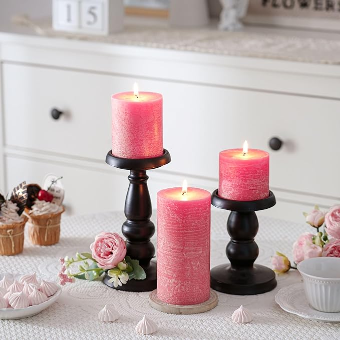 3x3 Inch Pink Pillar Candles Set of 3 - Hand-Poured Unscented Candles, Long Clean Burning, Smokeless Dripless Candle for Dinner Table, Home, Bathroom, Wedding, Valentines Day Decor