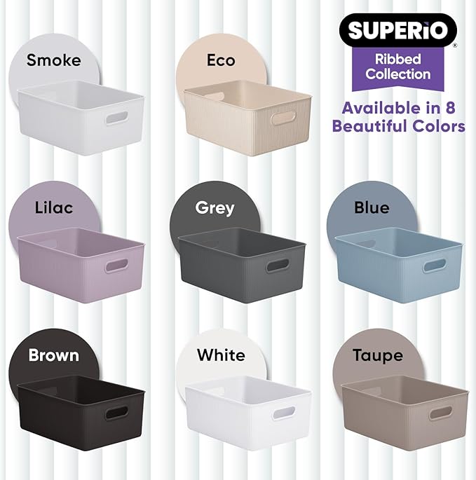 Superio Ribbed Collection - Decorative Plastic Basket Open Home Storage Bins Organizer, Large Taupe (2 Pack) Container Boxes for Organizing Closet Storage Bins for Shelves 15 Liter/16 Quart