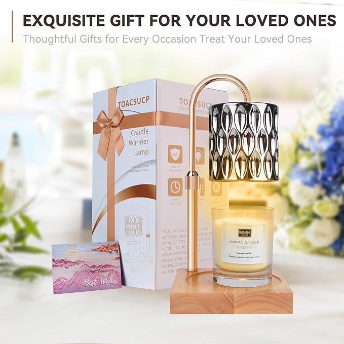TOACSUCP Candle Warmer Lamp with 3 Bulbs, Adjustable Height Dimmable Candle Warmer with Timer, Compatible with Large Jar Candles, Candle Lamp with Charming Gift Box Ribbon for Her/Him