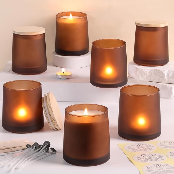 DARJEN 12 Pack Frosted Amber Candle Jars for Making Candles- 9 OZ Empty Glass Candle Making Jars with Making Kits, Candle Making Supplies Candle Containers for Home DIY & GIFS