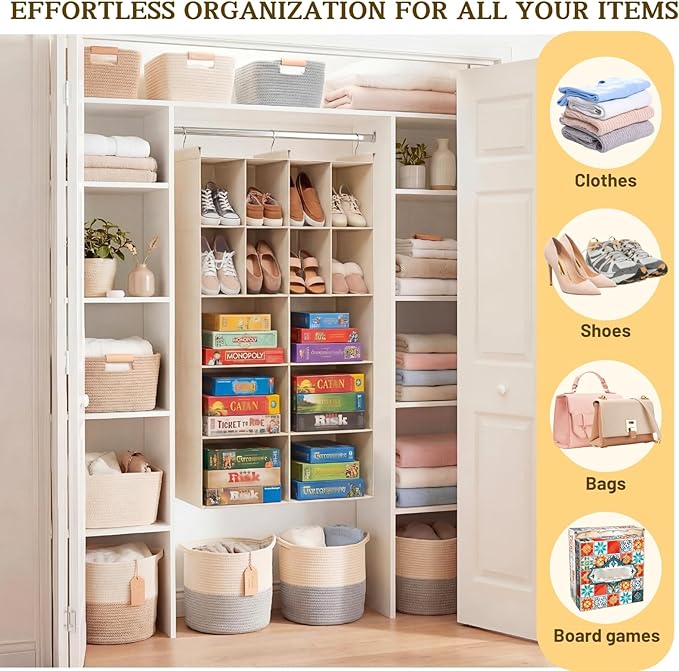 Ofiray-home 5 Tier Hanging Closet Organizer, 14 Compartments Sweater Organizer for Closet with 3 Sturdy Hooks, Closet Organizers and Storage, Wardrobe, Rv, Garment Rack, Beige