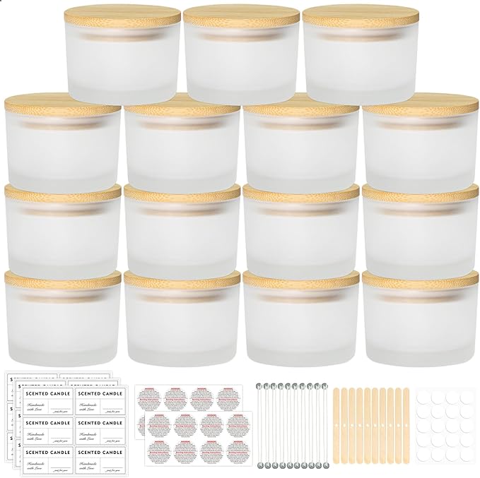 SUPMIND 4oz Candle Jars for Making Candles, 15 Pack Small Frosted Glass Empty Candle Jars with Bamboo Lids and Wick Kit, Mini Wide Mouth Candle Container Bulk, Ideal for Candle Business Owners