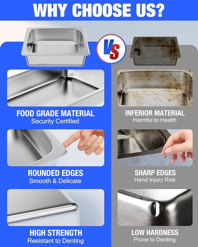 Steam Table Pan Hotel Pans: 1/6 Size 8 Pack 4 Inch Deep Stainless Steel Hotel Pan for Food - Commercial Catering Pan for Hotel Restaurant Buffet Party Supplies