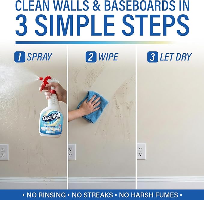 CleanWall Wall, Door & Baseboard Cleaner Spray – 32 oz Multi-Surface Formula Safe for Painted Walls – Made in USA – Family-Friendly – Tackles Everyday Kid Messes like Handprints, Smudges & Crayon