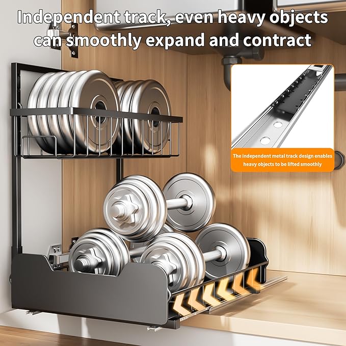 PureBox Under Sink Organizer, 2-Tier L-Shaped Pull Out Cabinet Shelf with 2 Installation Methods, Adjustable Sliding Storage Drawer for Kitchen, Bathroom, Laundry, Metal, Black