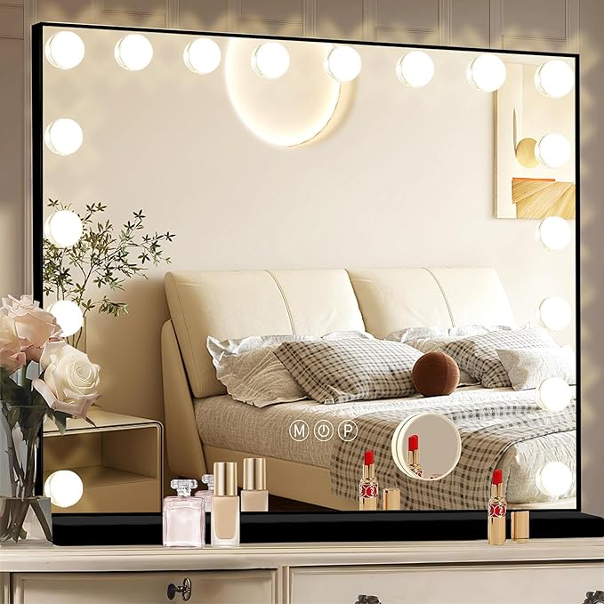 Ratsamee Black Hollywood Vanity Mirror with Lights, 18 Dimmable Bulbs, 3 Color Lights,Make Up Lighted Mirror, Aluminum Metal Frame, USB Charging Port（32" x 24"）