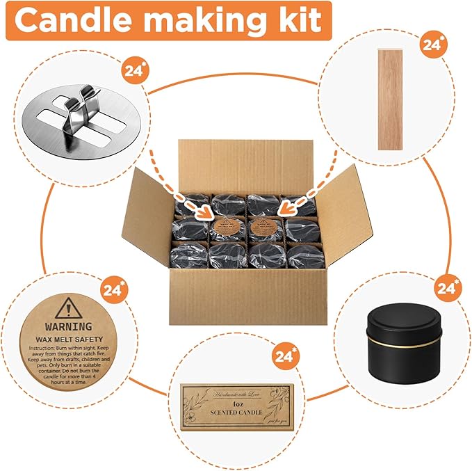 Candle Tins 4oz, 24 Set Candle Making Kit with Bulk Candle Containers, Wood Wicks, Sticker, Wick Holders,Warning Labels for Small Businesses,Candle Jars with Lids for DIY Candle Making