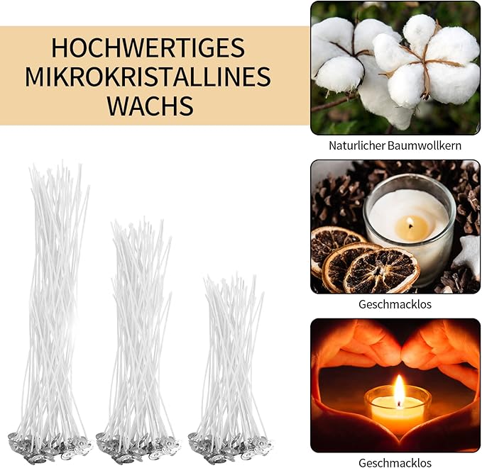 150 PcsCandle Wicks for Candle Making DIY, 4" 6" 8" Cotton Long Wicks for Candlemaking, with 5 WoodCandle Wick Holders for Candle Making Wick & 3 Sheets Stickers, for DIY Candles Crafts