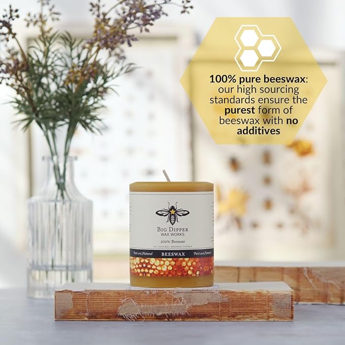 Big Dipper Wax Works 100% Pure Beeswax Pillar Candles (1 Pack) – 3" x 3.5" Handmade in USA, Long Burning Clean Soot-Free, Natural Honey Aroma, Eco-Friendly Cotton Wick, Home Décor & Meditation