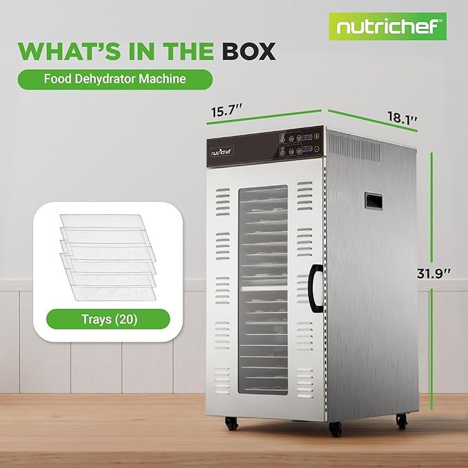 NutriChef Commercial Dehydrator Machine 2000-Watts Electric Food Dehydrator - Extra Large 20 Stainless Steel Trays, Digital Control 167°F Dryer for Jerky, Meat, Dog Treats, Herbs, and Fruit
