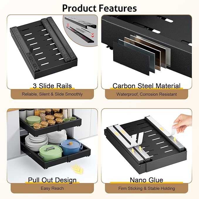 Upgrade 2 Pack Pull Out Cabinet Organizer, Expandable Width (11.4"-18.9") Depth (16.3"-21.7") Pull out Drawers for Cabinets with 3 Rails, No Drill Adhesive Film or Nail Slide out Drawers for Kitchen