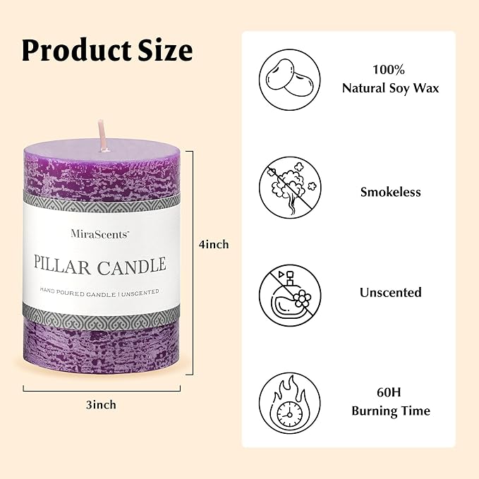 3x4 Inch Purple Pillar Candles Set of 3 - Hand-Poured Unscented Candles, Long Clean Burning, Smokeless Dripless Candle for Dinner Table, Wedding, Home, Bathroom, Advent Decor
