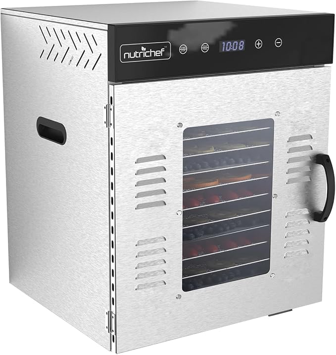NutriChef Commercial Electric Food Dehydrator Machine - 14 Shelf Extra Large Capacity - Stainless Steel Trays - 1000-Watts, Digital Timer & Temperature Control - 18.58 x 17.52 x 22.52 IN