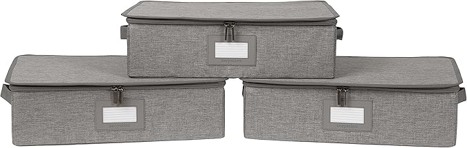 Covermates Keepsakes Zip-Top Storage Box Set, 3 Pack Heavy Duty Polyester Organizer Bins, Stackable Design, ID Window, Reinforced Handles, Closet Home Storage, Grey Heather