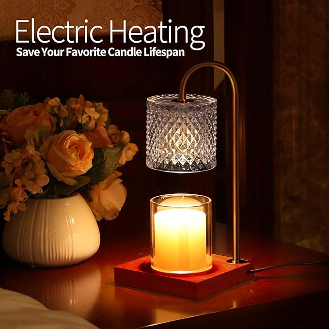 TigQiang Candle Warmer Lamp, Candle Lamp Wax Warmer, Timer & Dimmer 7-Levels, Fits Cup Jar Candle, Top Melting, Crystal Heater Lamp for Scented Wax, Elegant Home Decor, Clear & Brown