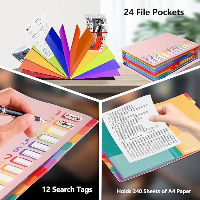 24 Pockets Expanding File Folder Organizer,Accordion File Organizer,A4 Letter Size,Rainbow Tab, for Home/Office/School Document Organizer (Pink)