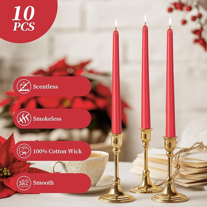 KONNI 0.87×10 Inch Red Taper Candles, Unscented and Smokeless Tall Candlesticks, 10 Pack Tapered Candles with Cotton Wicks, Long Burning, Ideal for Weddings, Dinner Parties, and Home Décor