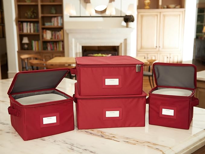 Covermates Dish Storage Box – China & Dinner Plate Storage Container with Dual Zippers, Reinforced Handles, ID Window & Stackable Structured Walls for Dishware Organization, Scarlett Red