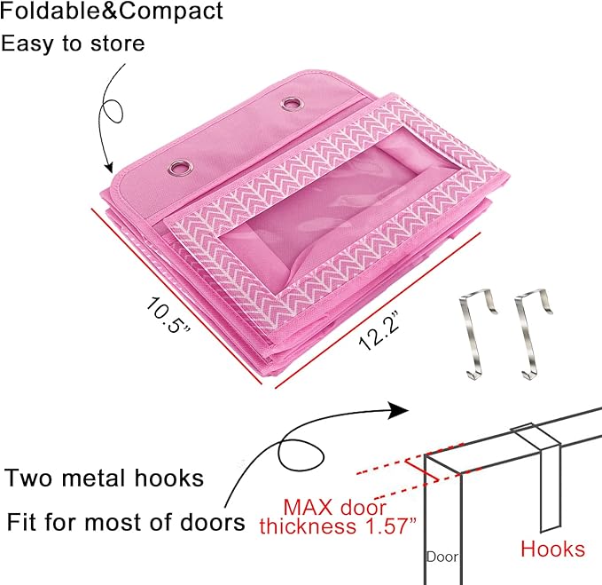VERONLY Over The Door Hanging Organizer with 5 Large Pockets - Wall Mount Pantry Storage with 2 Big Metal Hooks for Baby Girl’s Diapers Closet, Bathroom, Nursery, Bedroom, Dorm, Baby, Kids Toys (Pink)