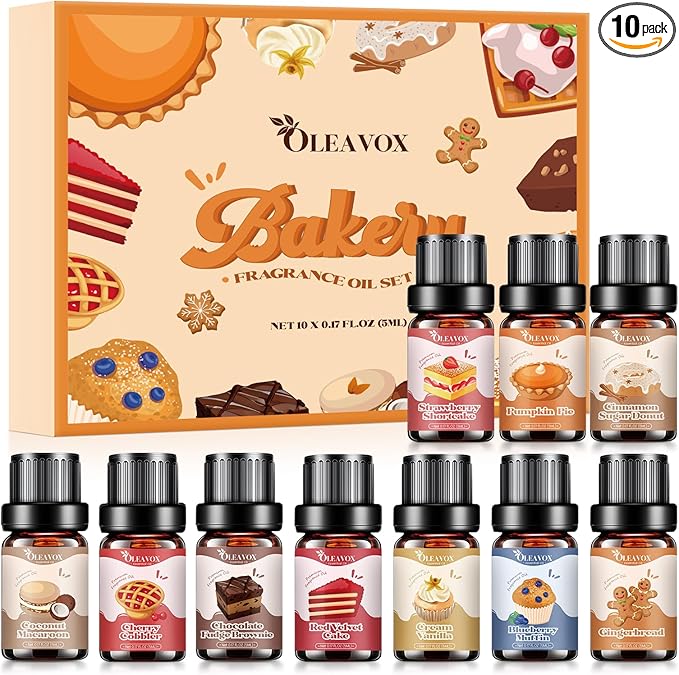 Bakery Essential Oils Set,Premium Fragrance Oil for Diffusers, Scents for Candle & Soap Making, Pumpkin Pie, Cream Vanilla, Gingerbread,Cinnamon Sugar Donut and Cake More 10x5ml,Aromatherapy Oils