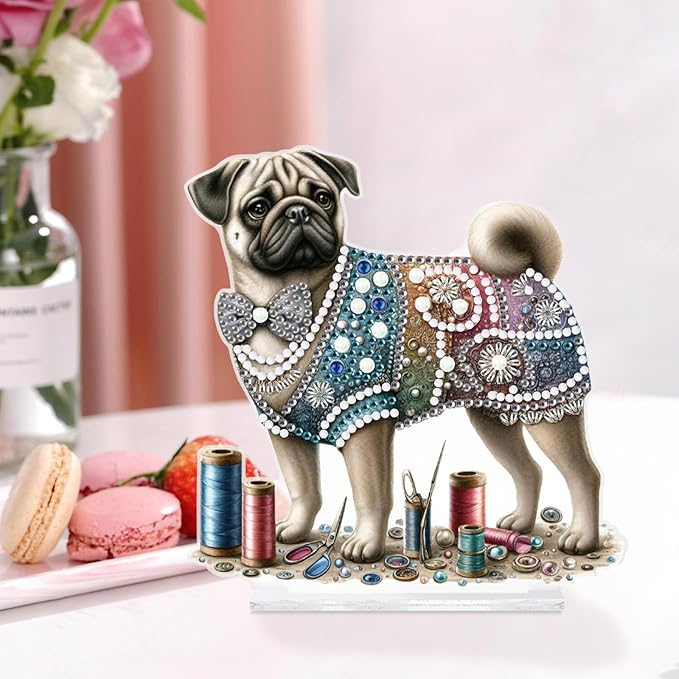 antor Diamond Painting Desktop Ornament Kit, Pug Dog DIY Acrylic Diamond Art Tabletop Decoration, Special Shape Crystal Diamond Painting Figurine Ornaments Kit for Adult Beginner
