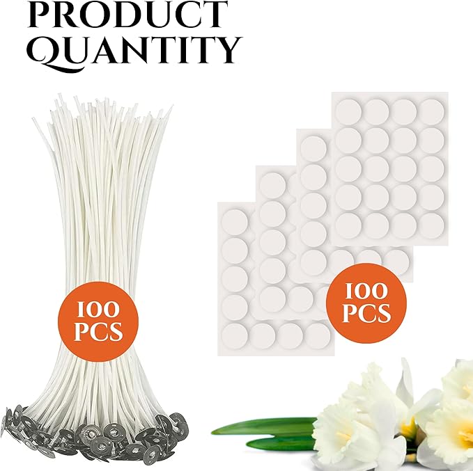 200PCS Candle Wicks 10 Inch with Candle Stickers – 100PCS Large Cotton Candle Wicks and 100PCS Double Sided Candle Stickers for Candle Making Candle DIY Supplies