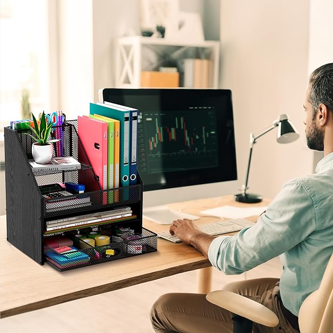 Homsorout Wooden Desk Organizer - Mesh File Organizer with Drawers and Pen Holder - 4-Tier Vertical Paper Letter Storage Tray, Desktop Organizers and Accessories for Home Office (Black
