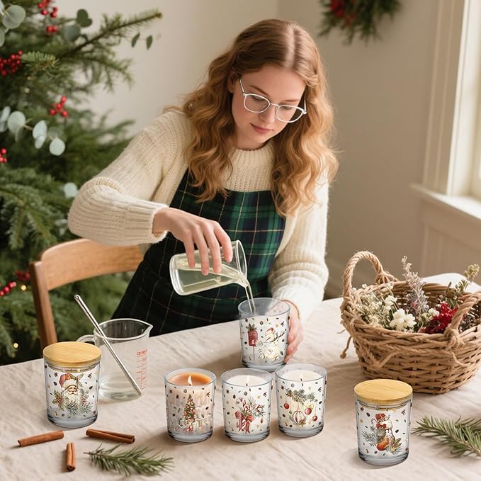 Ziliny 12 Pack 7 oz Christmas Glass Candle Jar with Wood Lids Xmas Retro Thick Empty Jars for Making Candles Small Holiday Container Bulk for Gifts Making DIY Party Supplies Accessories