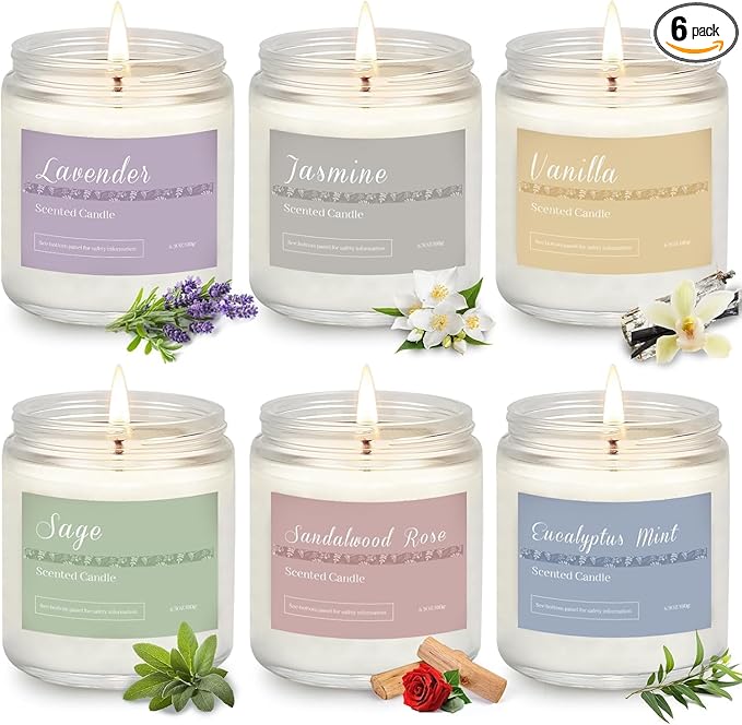 6 Pack Scented Candles Gift Set, Long Lasting Aromatherapy Candles for Home, 37.8 oz 300 Hour Burn, Lavender Jasmine Vanilla Sage Sandalwood Rose Eucalyptus Mint, Gifts for Women