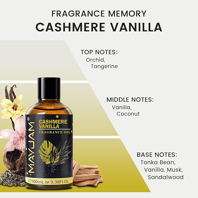 Cashmere Vanilla Fragrance Oil Essential Oil, MAYJAM 3.38FL.OZ Cashmere Vanilla Oil for Diffusers for Home, Long Lasting Scented Oils for Soap Candle Making - 100ML