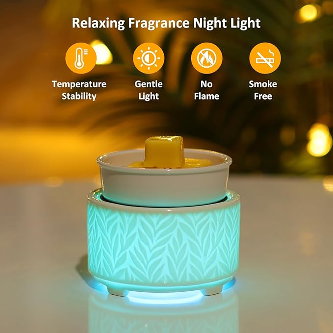 EQUSUPRO Wax Melt Warmer for Scented Wax Melts 3-in-1 Electric Ceramic Candle Wax Warmer Burner Fragrance Wax Melter for Home Office Bedroom Gift & Decor (White -7 led Light)