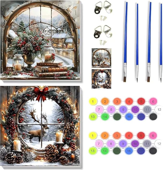 NEGEKFKX 2 Pack Christmas Paint by Numbers Kit for Adults Beginner with Framed,Deer Easy Adult Paint by Number Kits on Canvas DIY Painting for Beginners Art by Numbers for Home Wall Decor 10x10Inch
