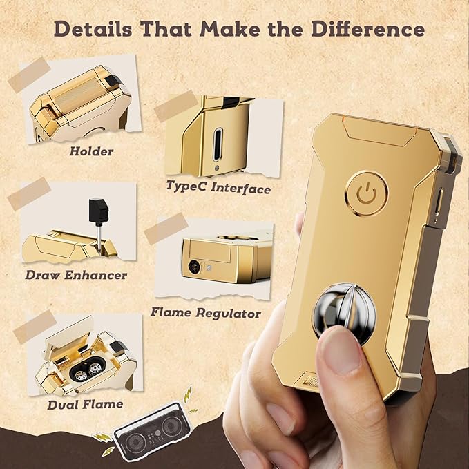 5-in-1 Torch Lighter with Tool, Holder, Punch, Draw Enhancer Tool, Double Jet Flame, Windproof Lighters, Gifts for Men, Rechargeable and Refillable Butane Lighter, Cool Lighters for Men Candles (Gold)