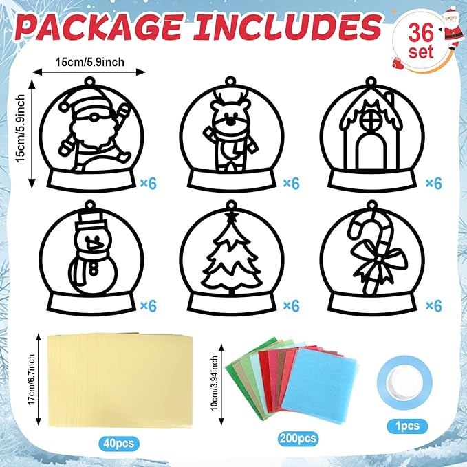Qyeahkj 36 Set Winter Christmas Suncatchers Craft Kit for DIY Santa Snowman Reindeer Globe Tissue Paper Craft Kit Hanging Decor for Xmas Home Activity Art Project Birthday Party Favor Gift