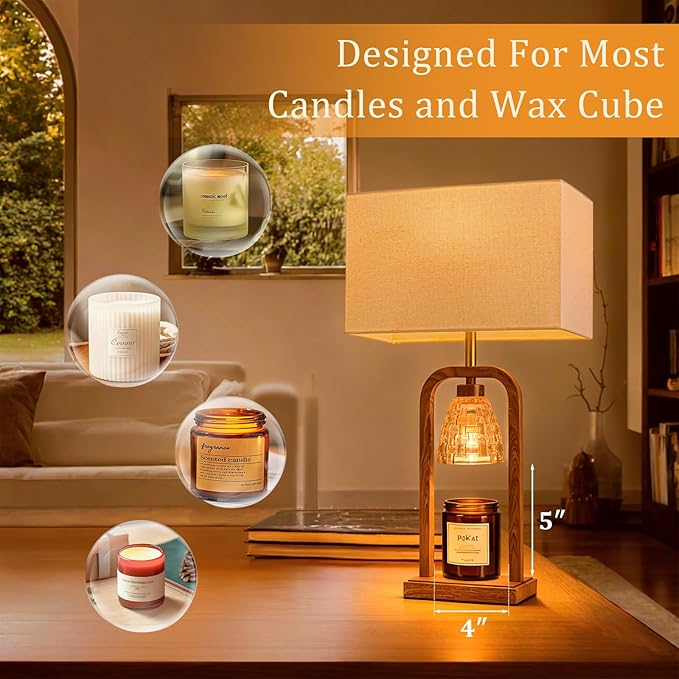 PoKat Electric Candle Warmer Lamp Farmhouse, Wood-Like Candle Lamp Warmer with Timer Dimmer, Wax Light Warmer Lamp Jar Candles, Table Lamp House Warming New Home Decor for Bed Living Room