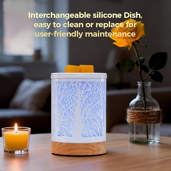 Enaroma Fragrance Wax Melts Warmer with 7 Colors LED Changing Light Scent Oil Candle Warmer for Home Office-White Wooden Tree