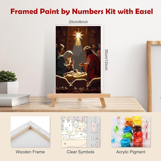 MOGTAA Christmas Paint by Numbers Kit for Adults Beginners with Frame, Jesus Nativity Adult Paint by Number Kits on Canvas with Easel, Easy DIY Oil Painting Kits for Home Decor, 8x12in
